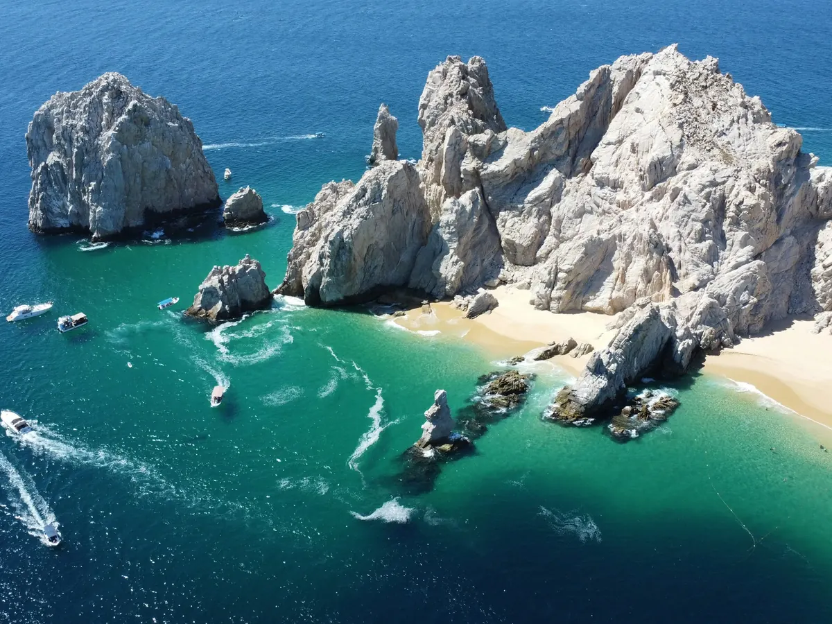 Aerial view of the rock arch and beaches at Cabo San Lucas